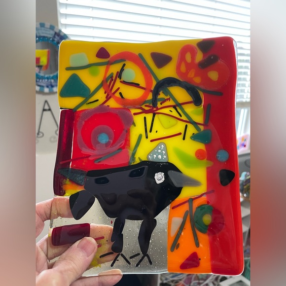 “Choose Joy”Fused Art Glass With Crow Handmade Rectangular Tray 8”x6”Original - Picture 2 of 9